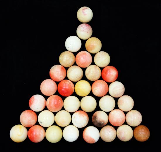 A collection of thirty seven ivory snooker balls, each ball approx 5cm diameter